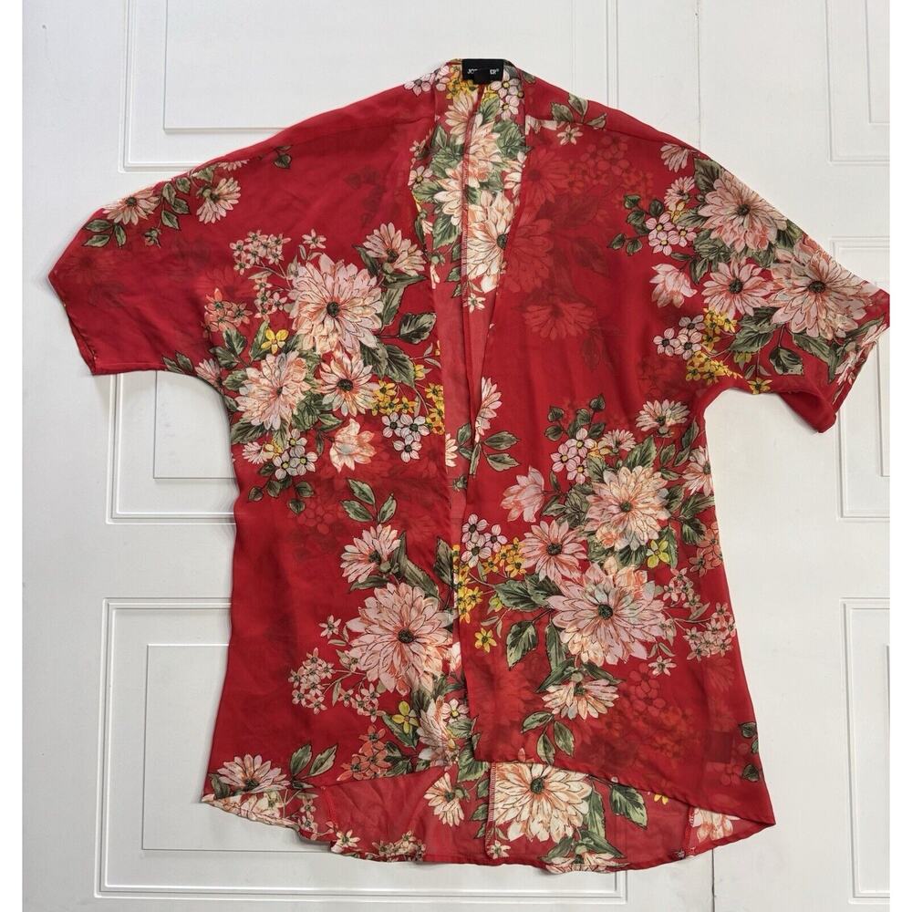 Joe Boxer Vintage Y2K Women Sz S Red Floral Duster Kimono Cover Up Cardigan